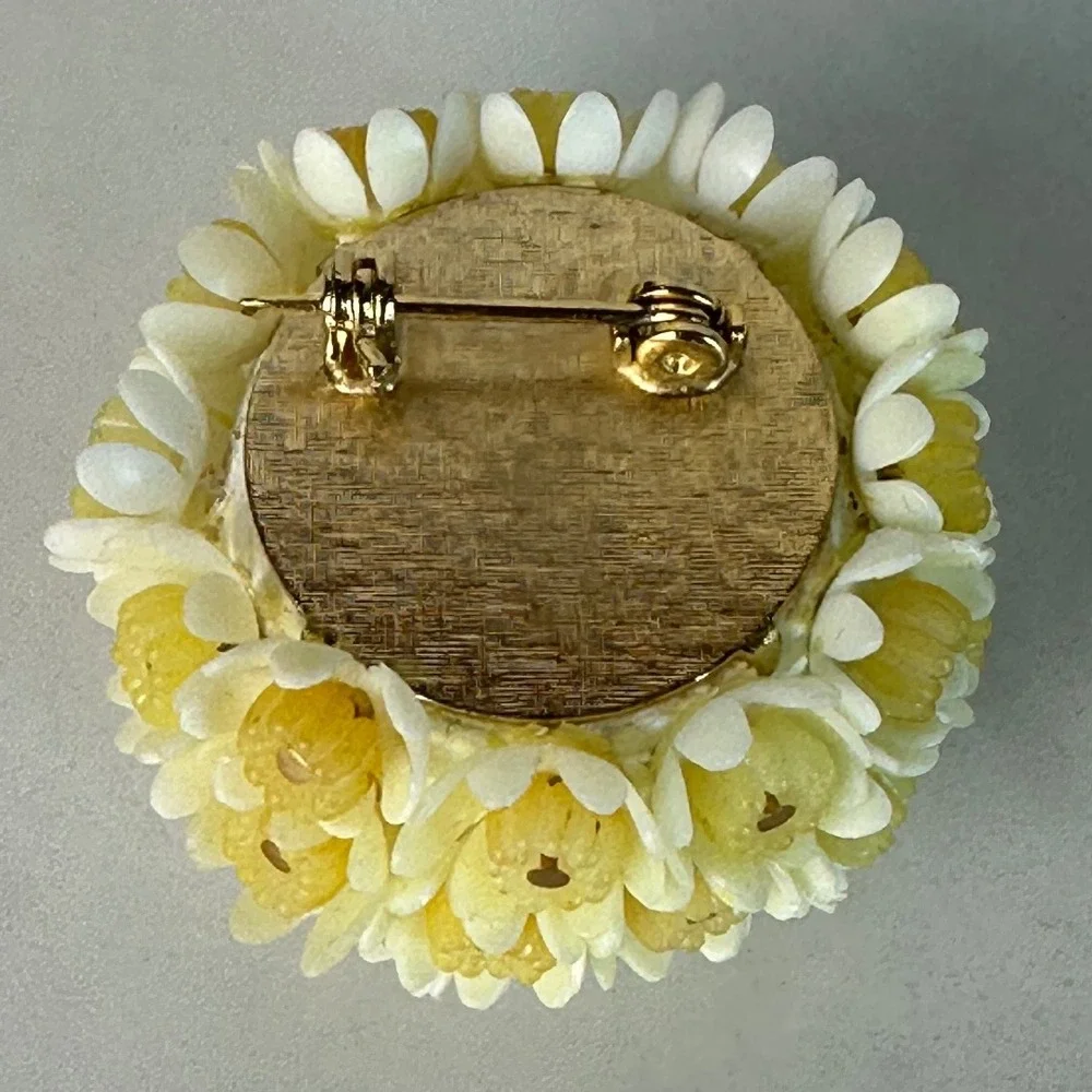 Vintage Yellow Floral Cluster Brooch Plastic Flower Pin 1950s–1960s Jewelry